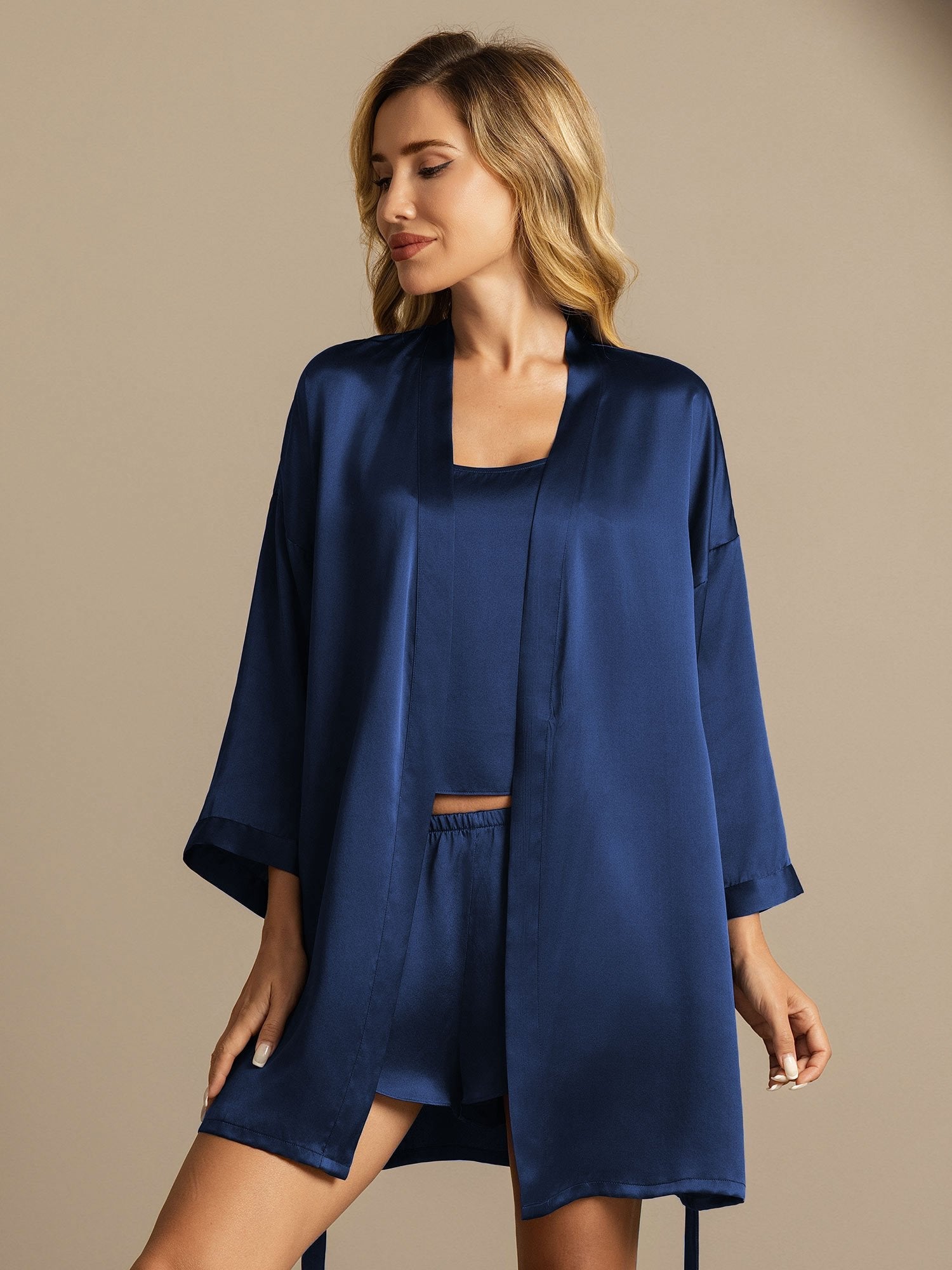 [Dark Blue] SilkSilky-AU Pure Silk Split Nightgown&Dressing Gown Set 007,