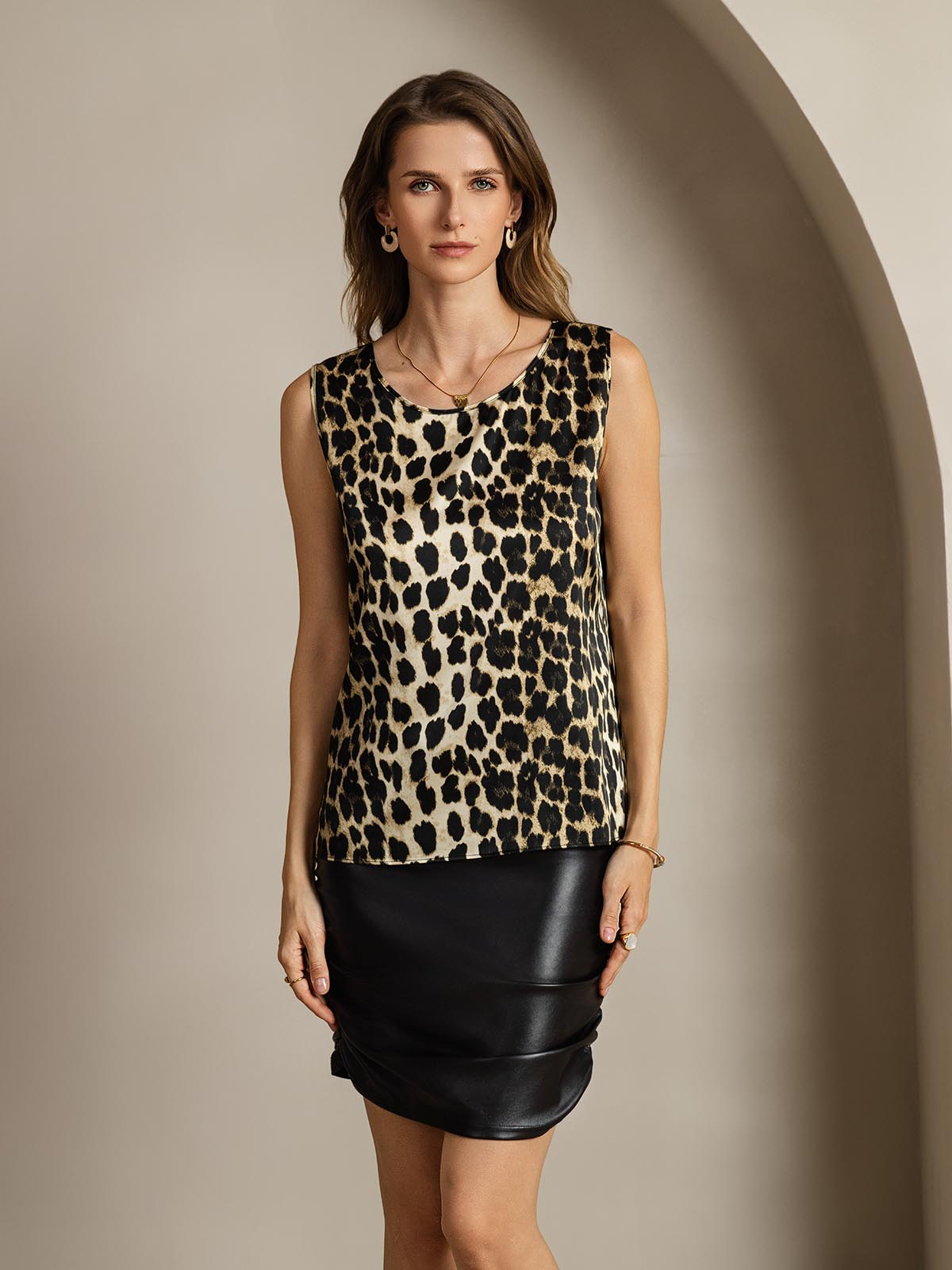 [Leopard] SilkSilky-AU 19Momme Silk Round Neck Camisole 001