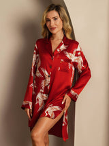 [Dark Red] SilkSilky-AU 19Momme Long Sleeve Notch Collar Nightshirt 008