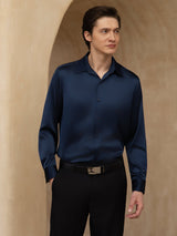 [Dark Blue] SilkSilky-AU 19Momme Stretch Silk Charmeuse Long Sleeve Lapel Collar Men's Shirt 005