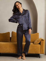 [Navy Chain] SilkSilky-AU Long Sleeve Lapel Collar Women's Pyjamas 002