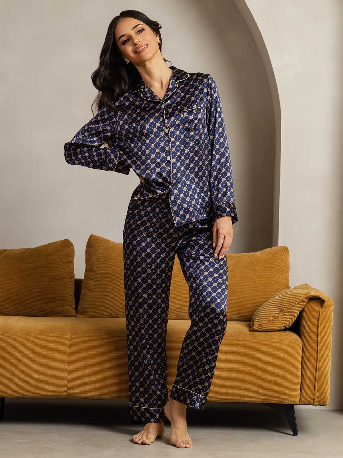 [Navy Chain] SilkSilky-AU Long Sleeve Lapel Collar Women's Pyjamas 002