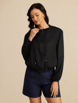 [Black] SilkSilky-AU 18Momme Silk Satin Surah Long Sleeve Stand Collar Women's Outerwear 004