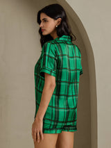 [Green Plaid] SilkSilky-AU Short Sleeve Notch Collar Women's Pyjamas 002