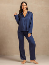 [Dark Blue] SilkSilky-AU 19Momme Machine-Washable Silk Long Sleeve Notch Collar Women's Pyjamas 006