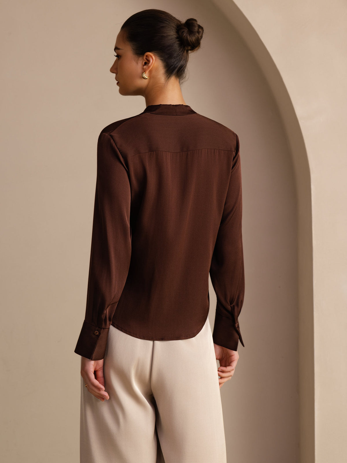 [Bitter Chocolate] SilkSilky-AU Long Sleeve Tie Neck Women's Blouse 002