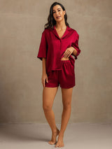 [Wine] SilkSilky-AU 19Momme Machine-Washable Silk Half Sleeve Notch Collar Women's Pyjamas 003