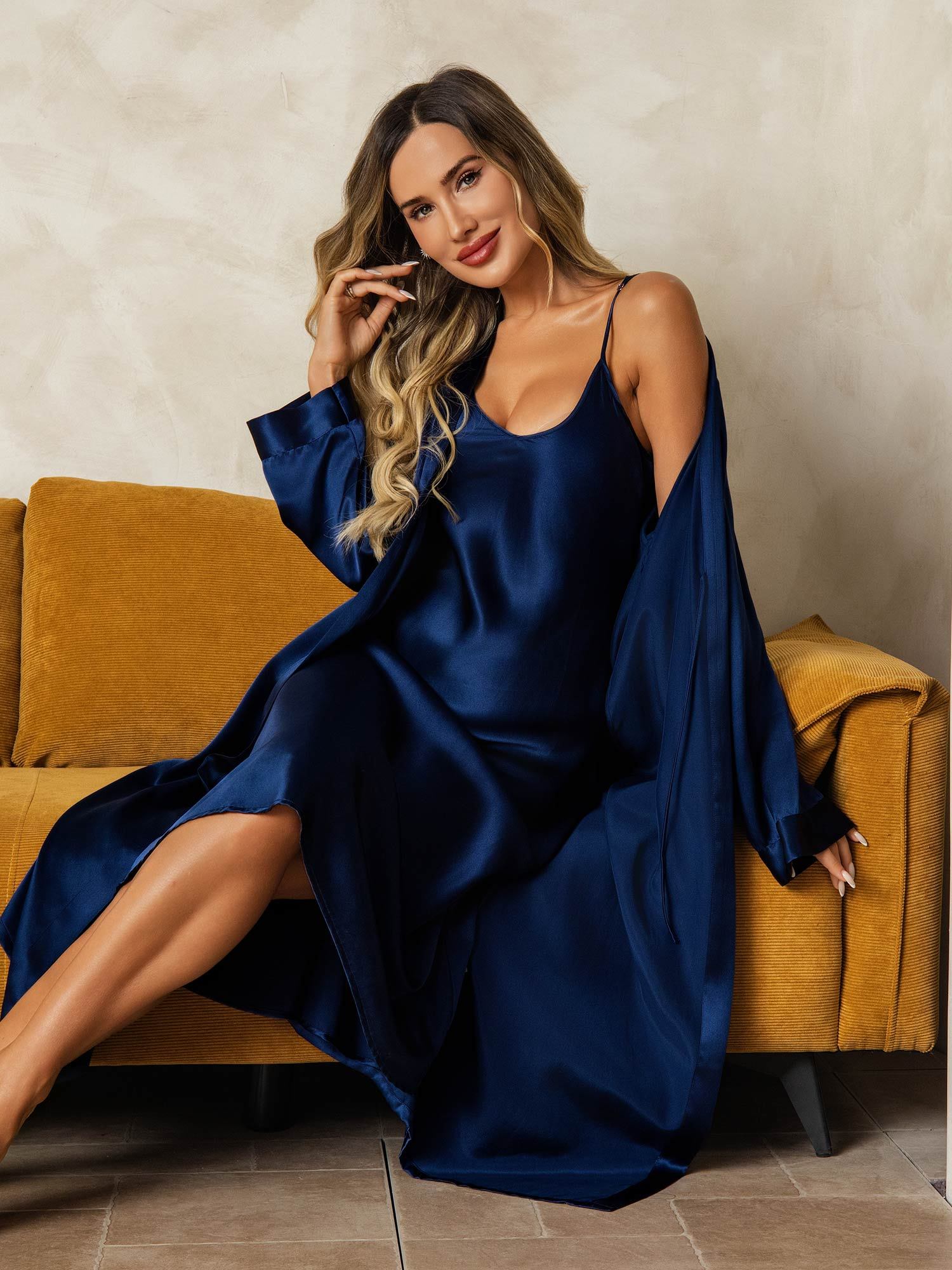 [DarkBlue] SilkSilky-AU Pure Silk V Neck Nightgown&Dressing Gown Set 006