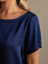 [Dark Blue] SilkSilky-AU 19Momme Machine-Washable Silk Short Sleeve Round Neck Women's Pyjamas 004
