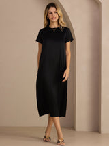 [Black] SilkSilky-AU Short Sleeve Crew Neck Dress 007