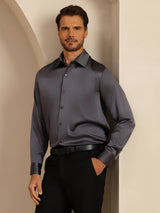 [Dark Gray] SilkSilky-AU 19Momme Stretch Silk Charmeuse Long Sleeve Lapel Collar Men's Shirt 006