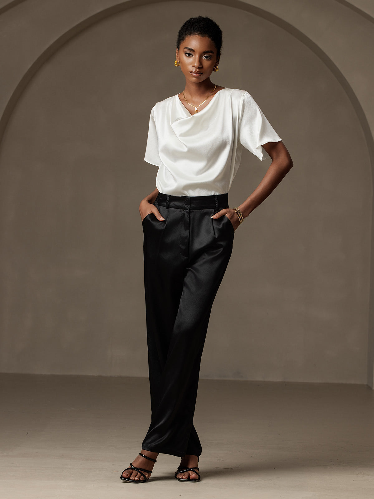 [White] SilkSilky-AU 19Momme Silk Cowl Neck Women's T-Shirt 006