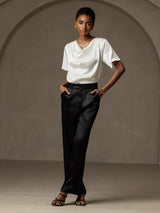 [White] SilkSilky-AU Short Sleeve Cowl Neck Women's Blouse 006