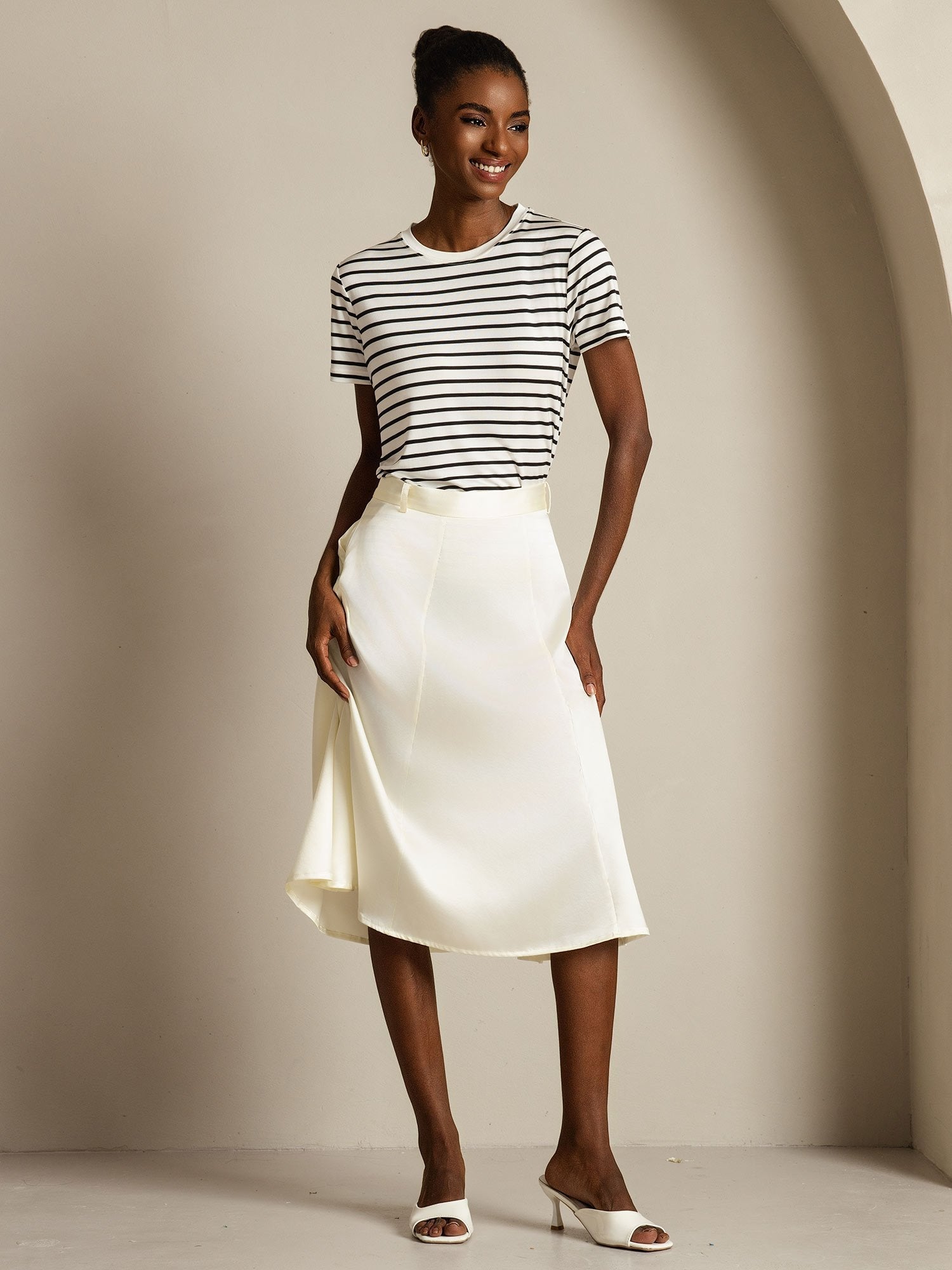 [WhiteStripe] SilkSilky-AU Pure Silk Round Neck Women's T-Shirt 008