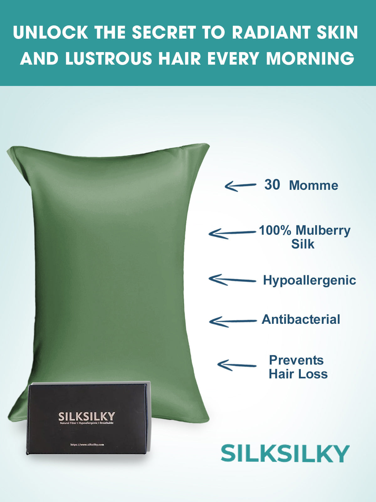 SilkSilky AU 30Momme Pure Silk Pillowcase GrayishGreen 002