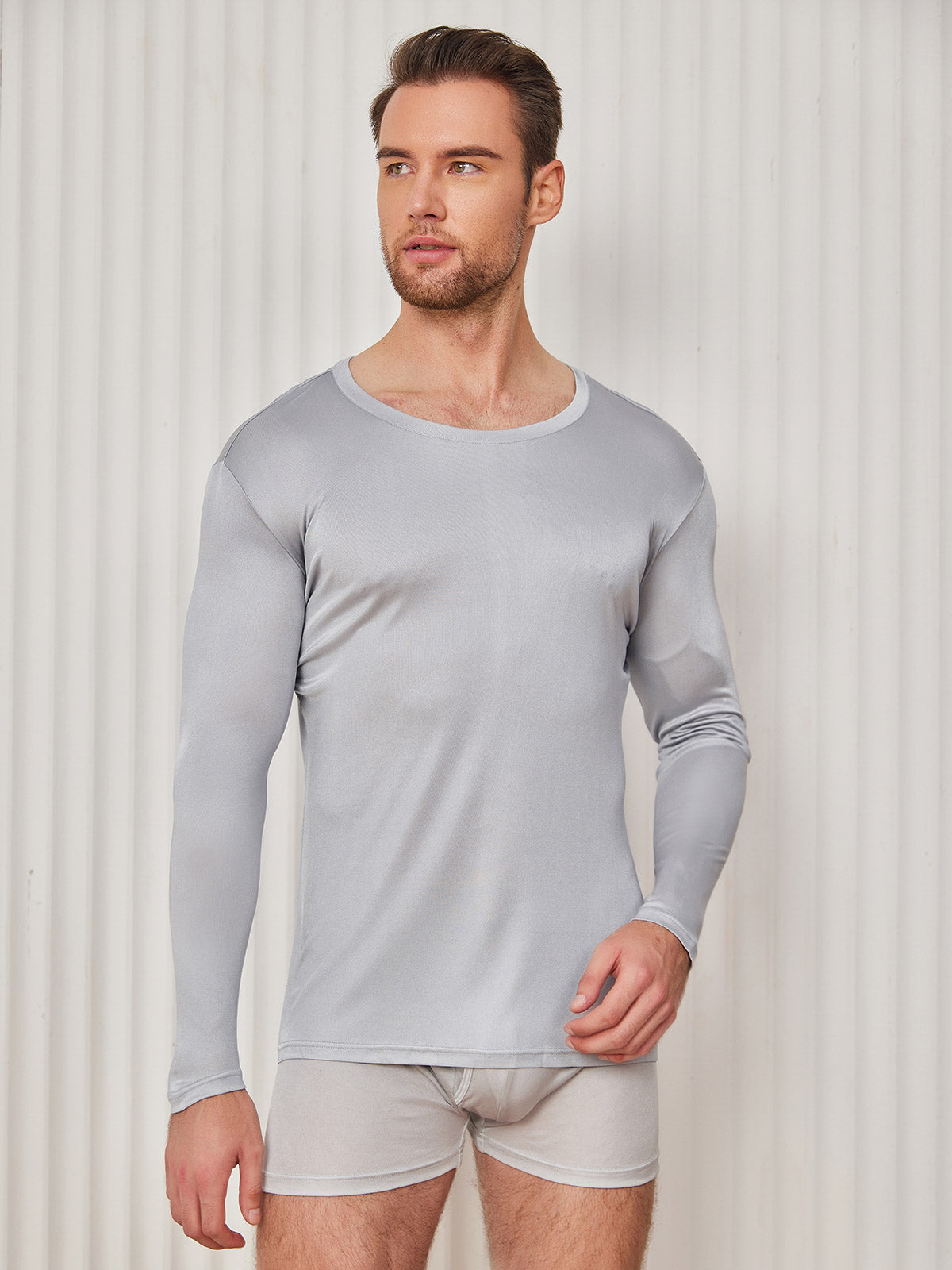 SilkSilky AU Silk Knitted Long Sleeve Round Neck Men's T Shirt LightGray 003