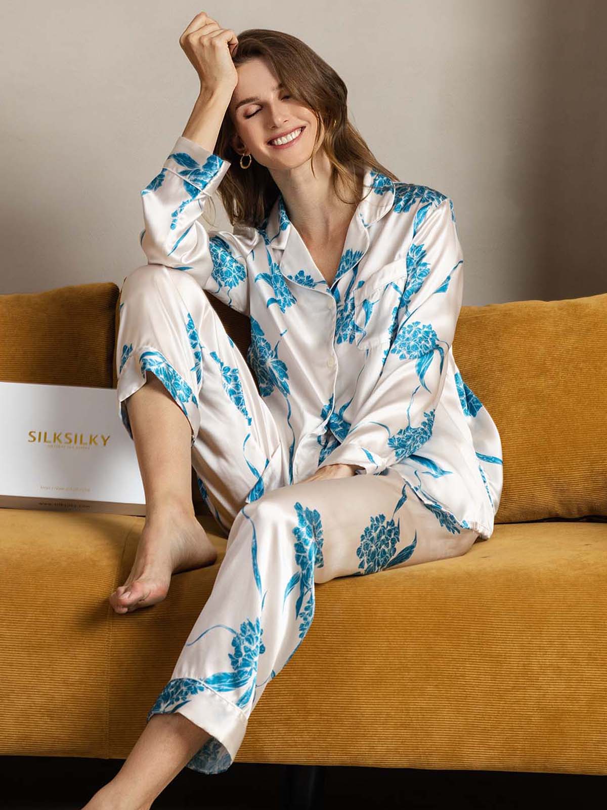 [Blue Floral] SilkSilky-AU Pure Silk Womens Pajamas 004