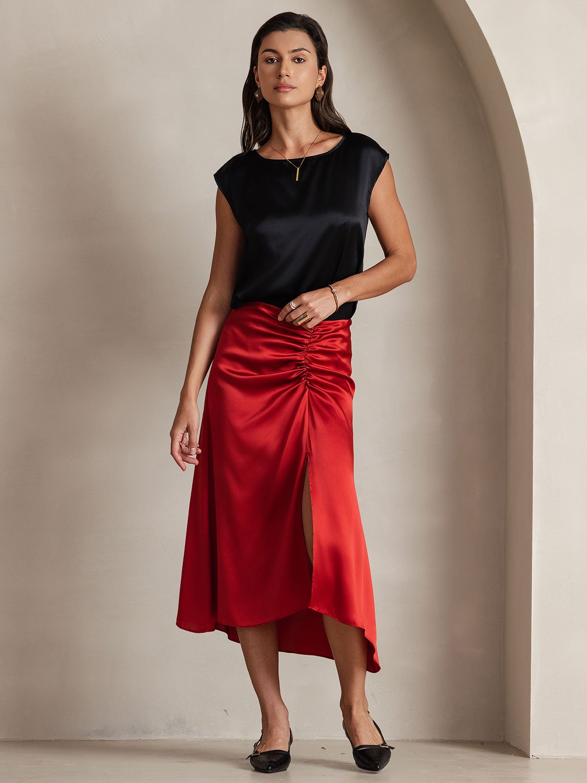 [Black] SilkSilky-AU 19Momme Stretch Silk Charmeuse Cap Sleeve Round Neck Women's T-Shirt 006