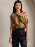 SilkSilky AU 19Momme Silk Sleeveless One Shoulder Women's T Shirt Brown 004