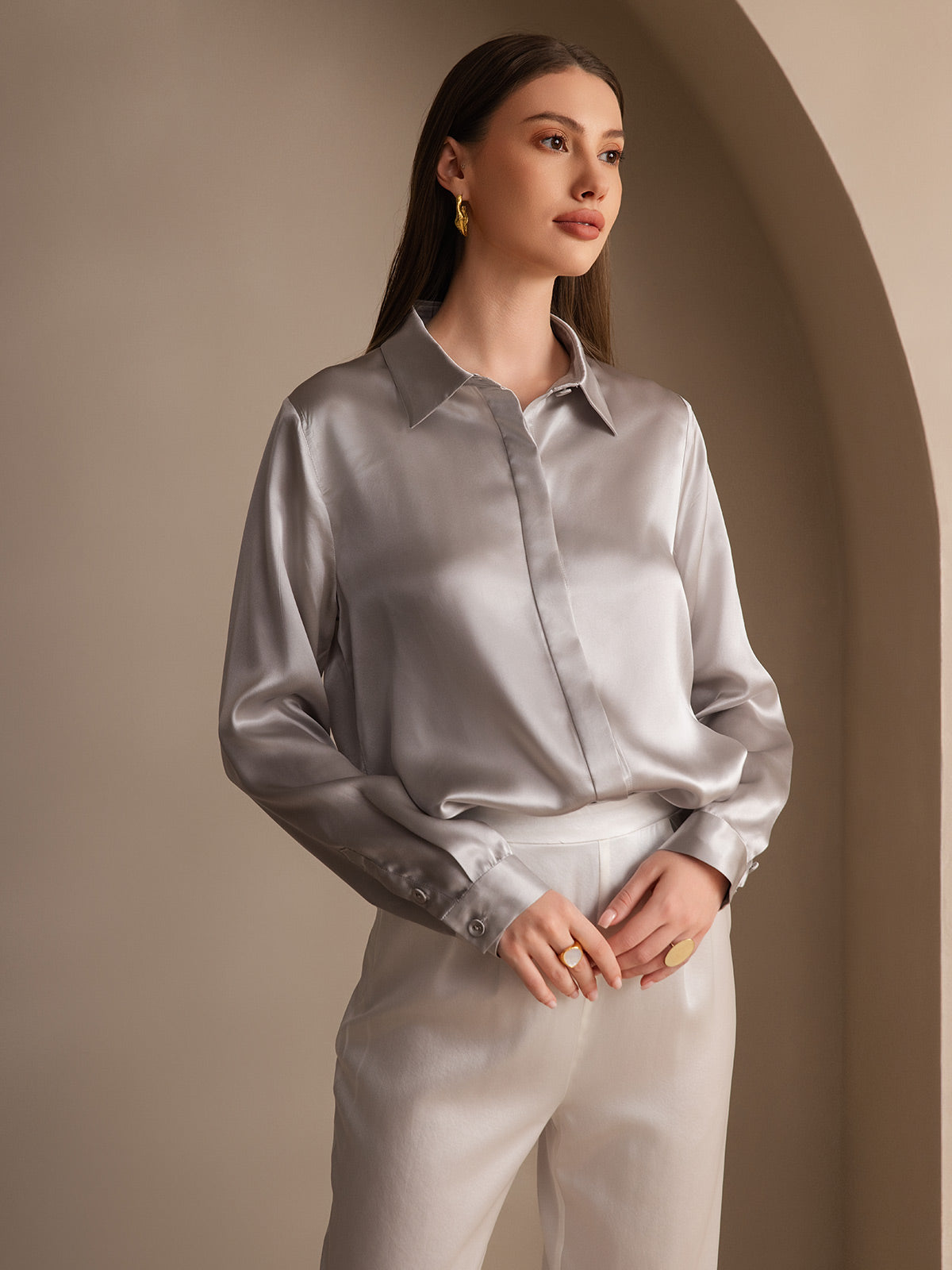 SilkSilky-AU 19Momme Silk Long Sleeve Collar Women's Shirt LightGray 004