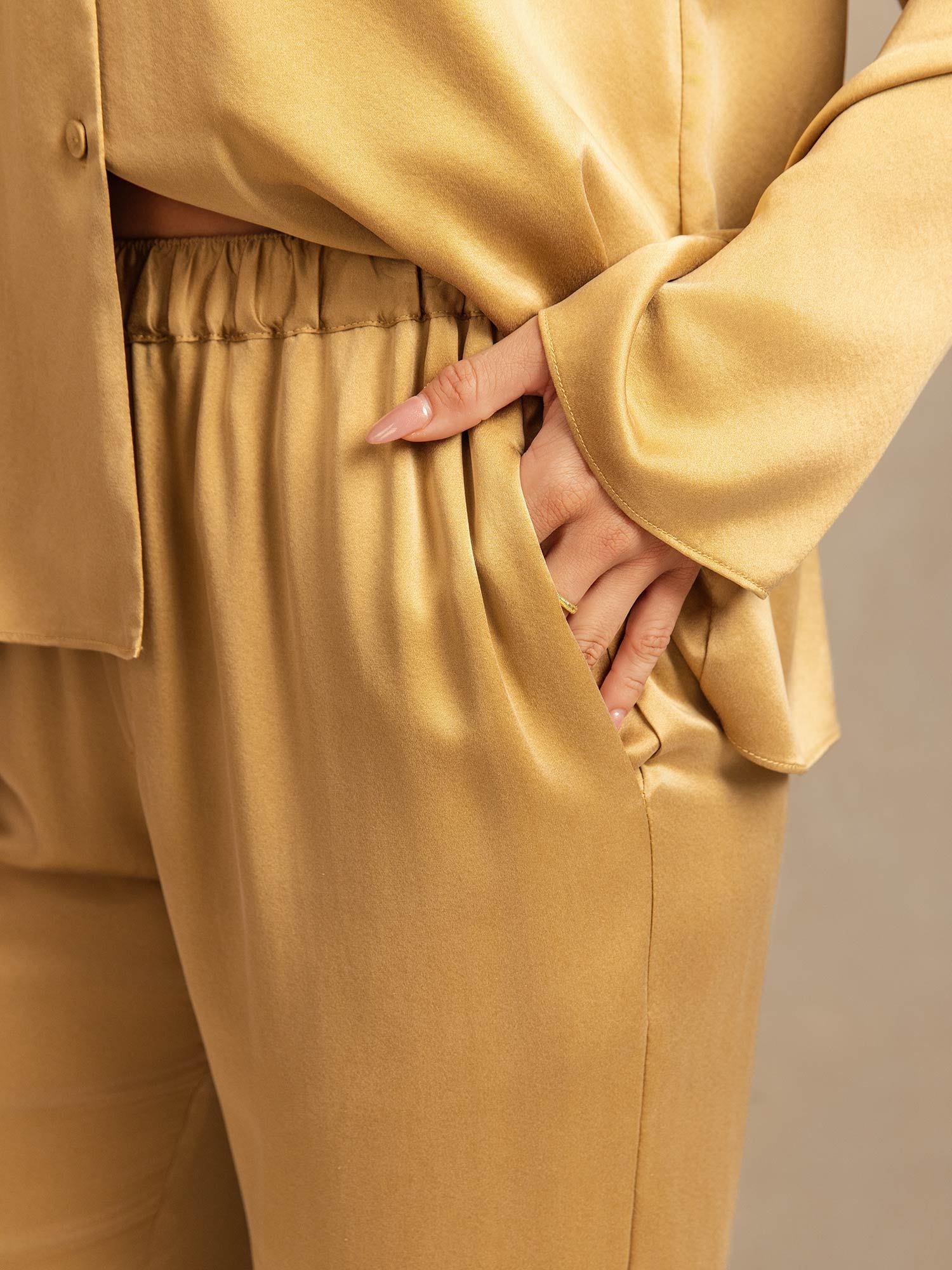 [Tan] SilkSilky-AU 19Momme Washable Silk Notched Neck Women's Pyjamas 005