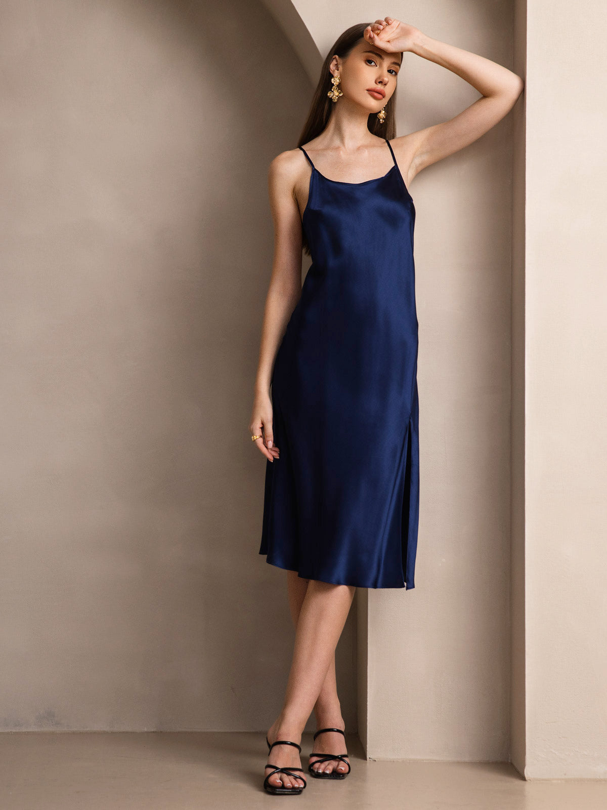 [Dark Blue] SilkSilky-AU Pure Silk Round Neck Dress 006