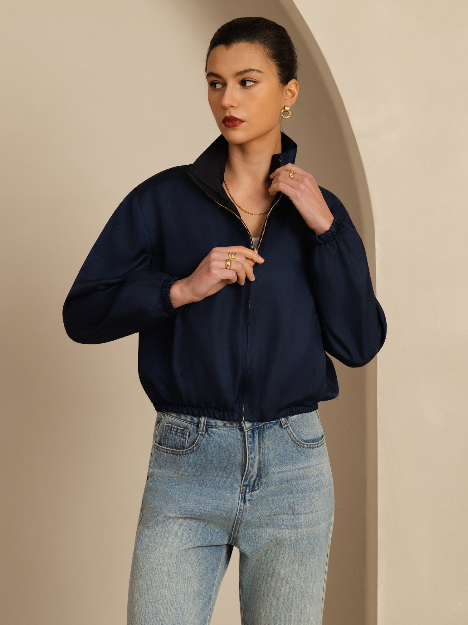 [Black+DarkBlue] SilkSilky-AU 18Momme Silk Satin Surah Long Sleeve Stand Collar Women's Outerwear 002