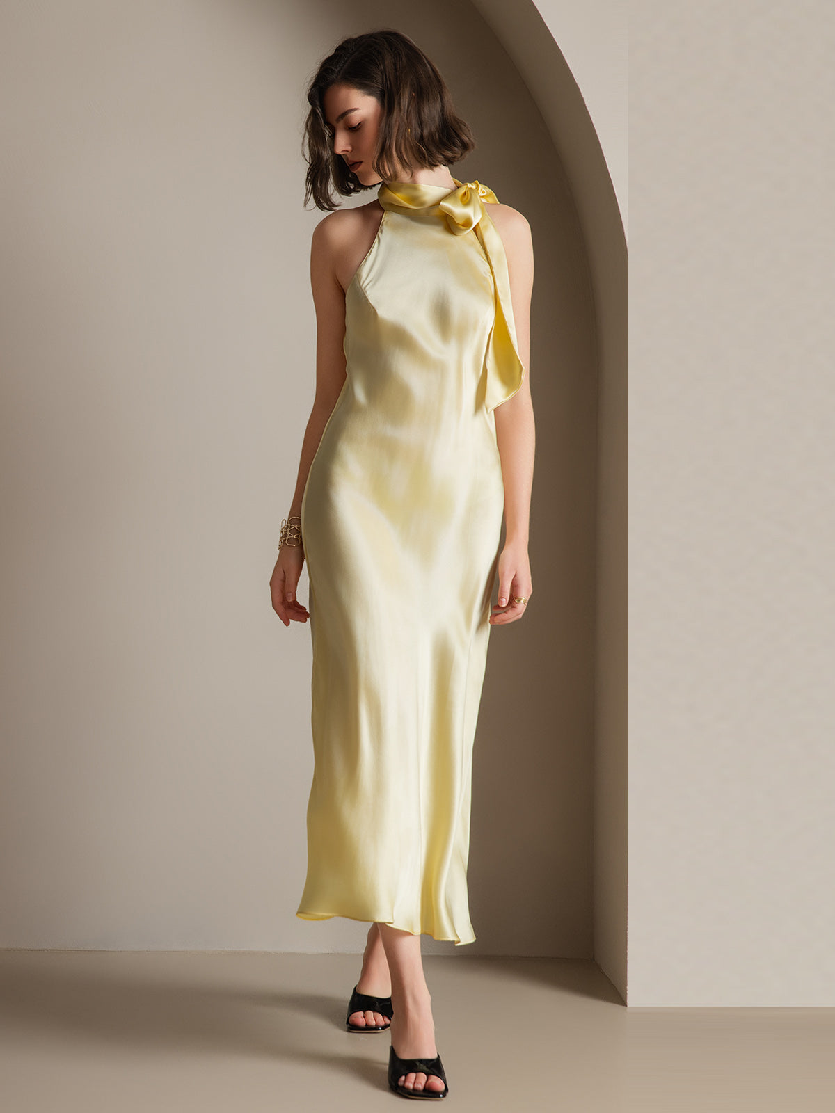 [Light Yellow] SilkSilky-AU 19Momme Silk Sleeveless Tie Neck Dress 008
