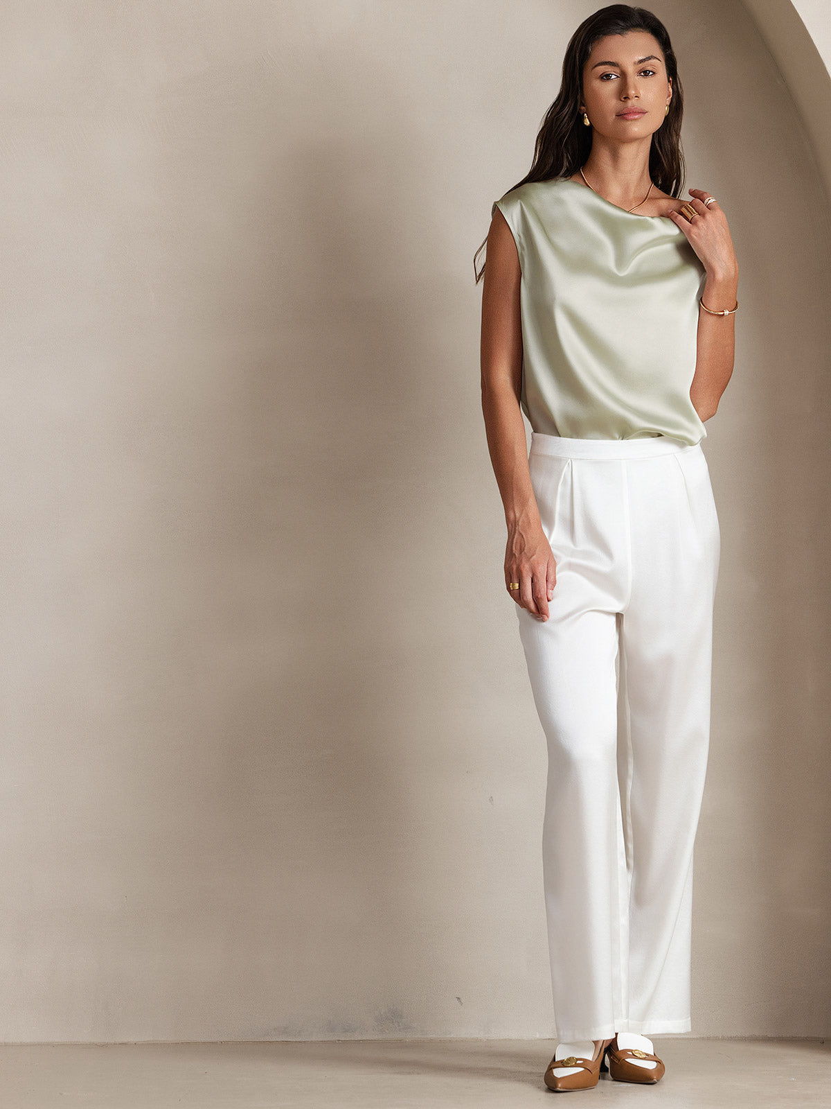 [Light Green] SilkSilky-AU 19Momme Silk Sleeveless Cowl Neck Women's T-Shirt 006