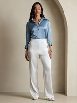[Grayish Blue] SilkSilky-AU 19Momme Stretch Silk Charmeuse 3/4 Sleeve Lapel Collar Women's Shirt 006