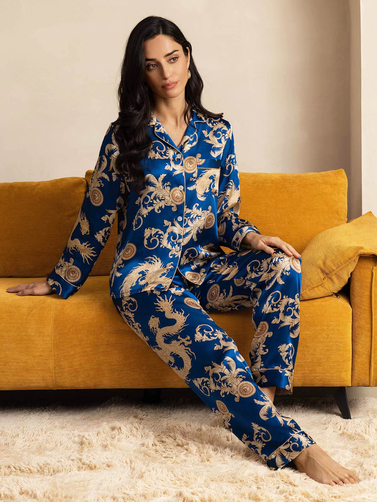 SilkSilky-AU Pure Silk Long Sleeve Lapel Women's Pyjamas Blue 008