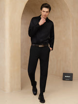 [Black] SilkSilky-AU 19Momme Stretch Silk Charmeuse Long Sleeve Lapel Collar Men's Shirt 008