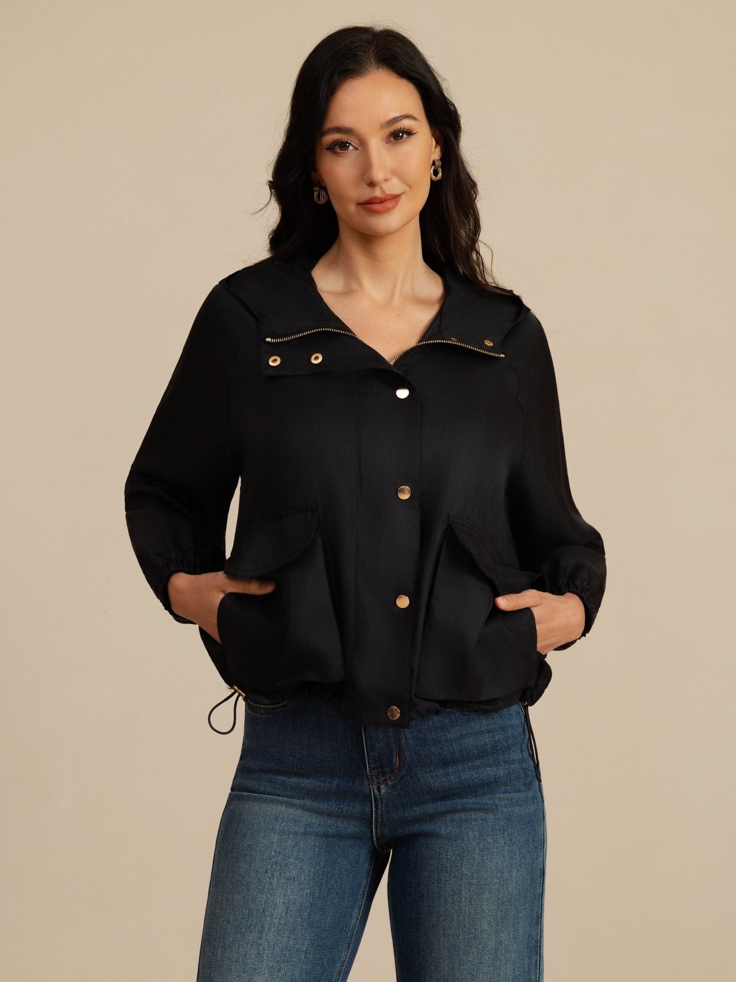 [Black] SilkSilky-AU Silk Satin Surah Long Sleeve High Neck Women's Outerwear 004