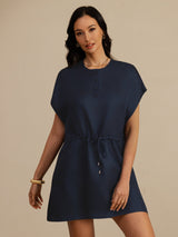 [Dark Blue] SilkSilky-AU 18Momme Silk Satin Surah Cap Sleeve Henley Neck Dress 004