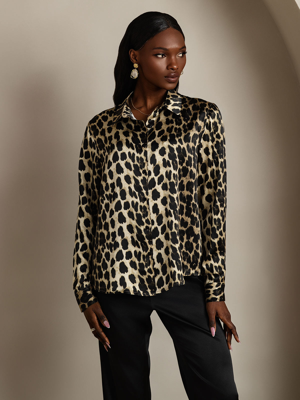 SilkSilky-AU Silk Long Sleeve Collar Women's Shirt Leopard 003