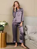 SilkSilky-AU Pure Silk Long Sleeve Lapel Women's Pyjamas PurpleGray 001