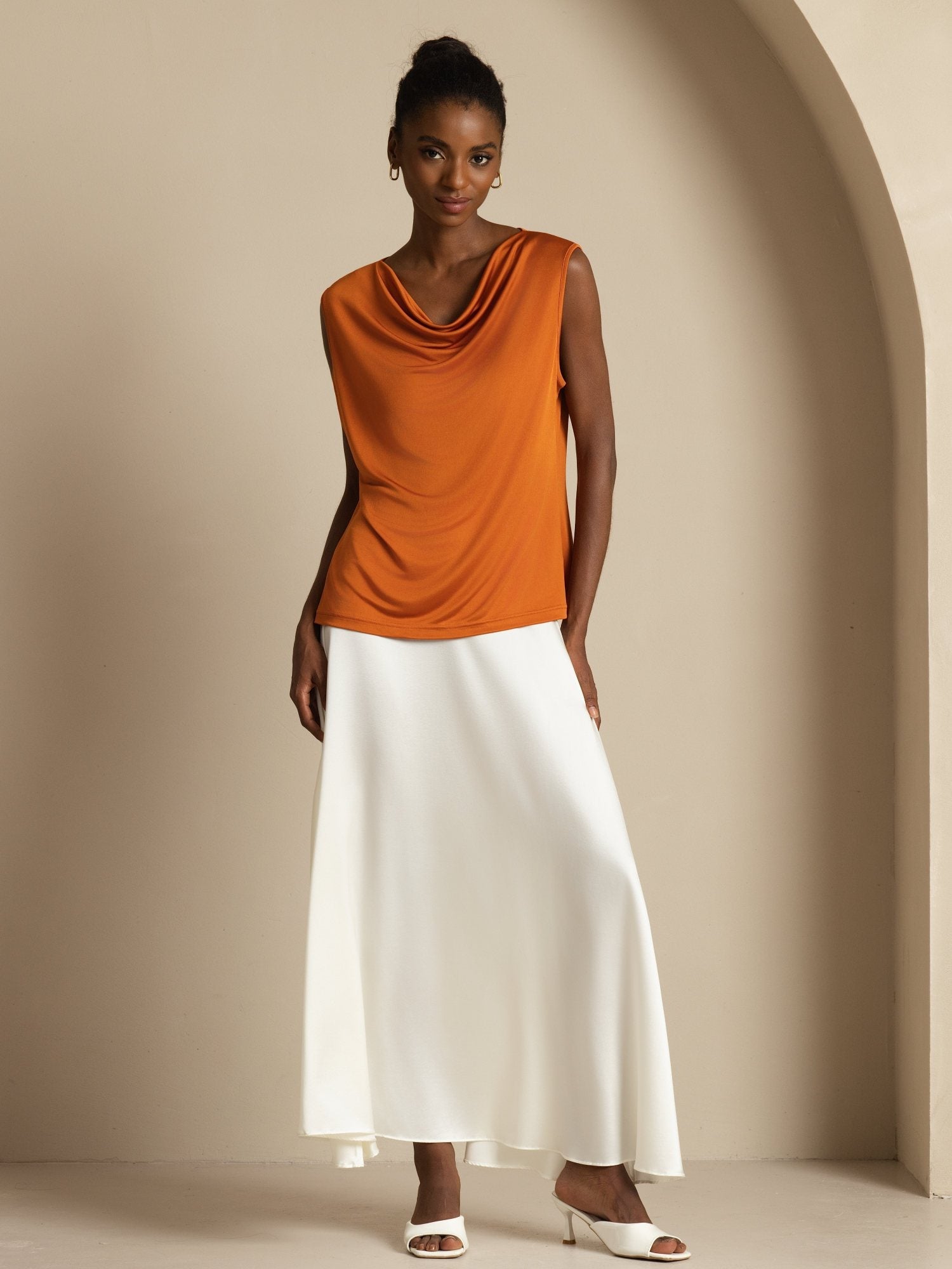 [Orange] SilkSilky-AU 100% Silk Jersey Sleeveless Cowl Neck Women's T-Shirt 006