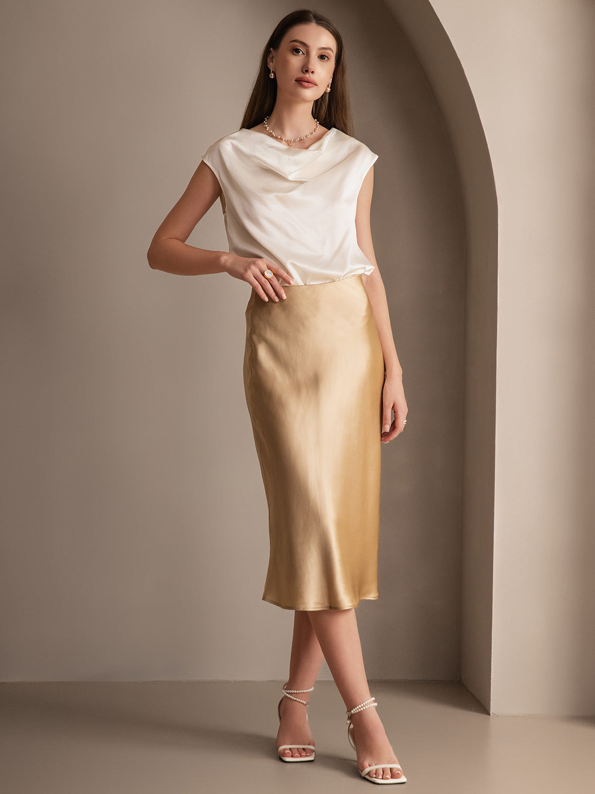 [Champagne] SilkSilky-AU 19Momme Pure Silk Skirt 001