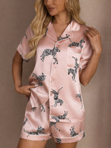 [Pink Zebra] SilkSilky-AU Short Sleeve Lapel Collar Women's Pyjamas 004