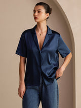 [Dark Blue] SilkSilky-AU Short Sleeve Notch Collar Women's Shirt 003
