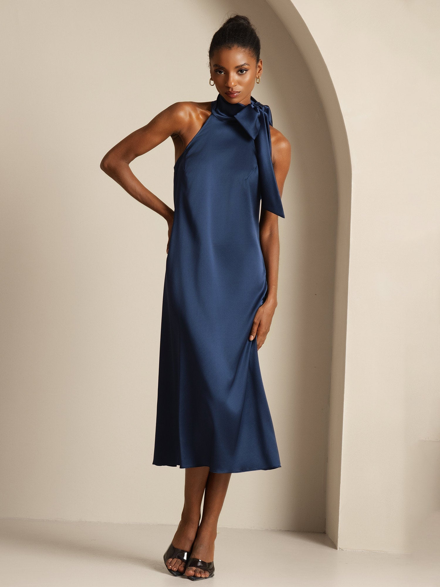 [Dark Blue] SilkSilky-AU 19Momme Silk Sleeveless Tie Neck Dress 008