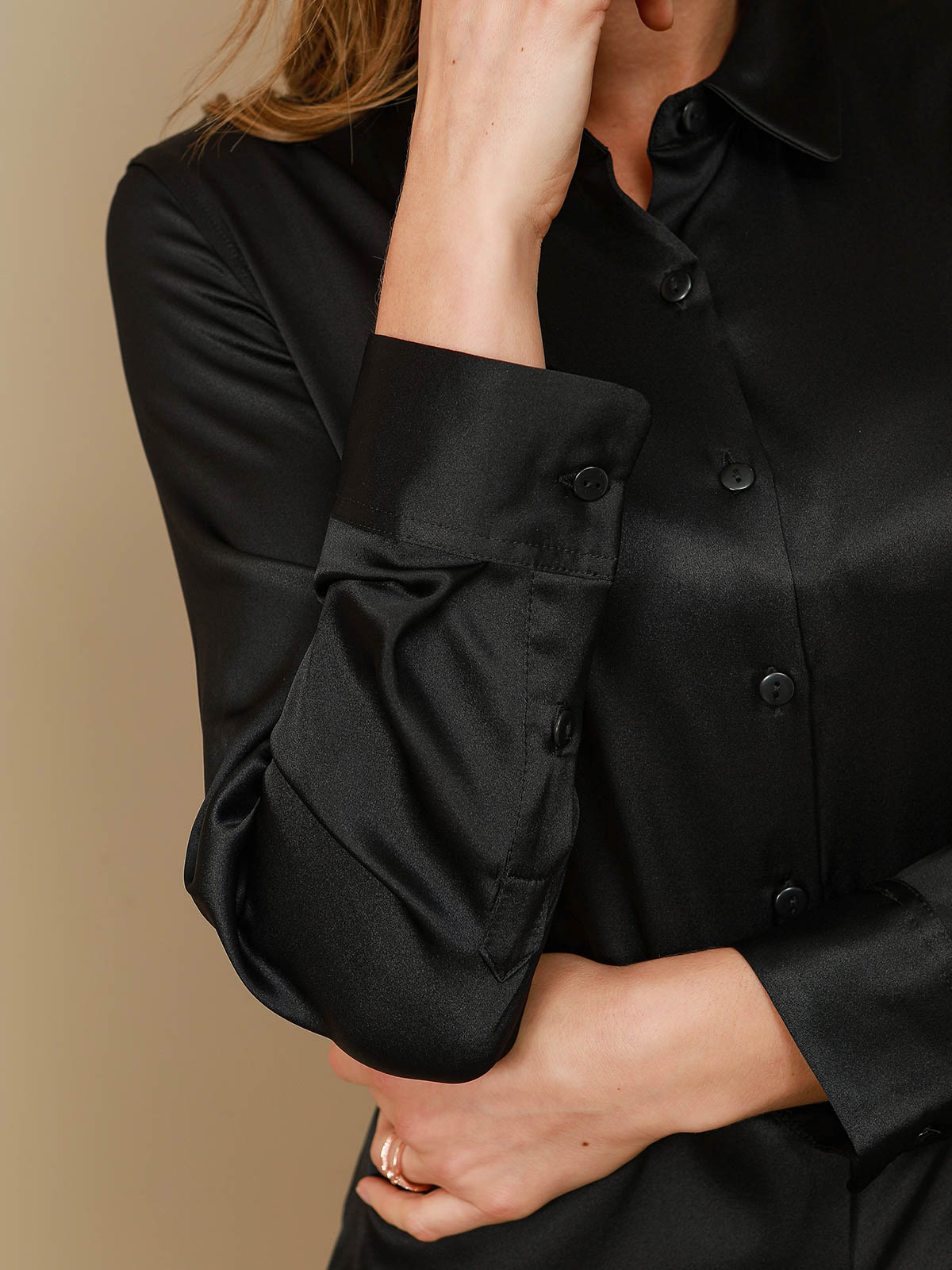 [Black] SilkSilky-AU Silk Long Sleeve Lapel Collar Women's Shirt 008