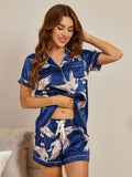 SilkSilky AU 19Momme Pure Silk Short Sleeve Lapel Women's Pyjamas DarkBlue 004