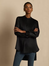 [Black] SilkSilky-AU 19Momme Stretch Silk Charmeuse Long Sleeve Stand Collar Blouse 004