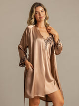 [Brown] SilkSilky-AU 3/4 Sleeve V Neck Nightgown&Dressing Gown Set 006
