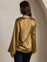 [Brown] SilkSilky-AU Long Sleeve Boat Neck Blouse 002