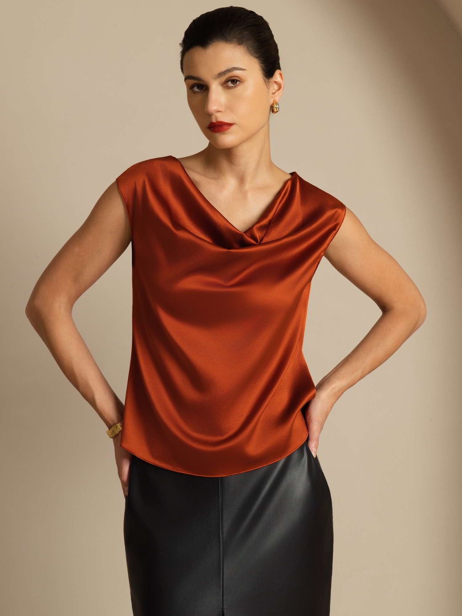 [Caramel] SilkSilky-AU 19Momme Silk Sleeveless Cowl Neck Women's T-Shirt 004