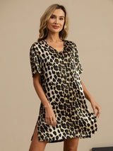 [Leopard] SilkSilky-AU Pure Silk Half Sleeve V Neck Nightgown 001