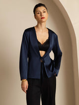 [Dark Blue] SilkSilky-AU 19Momme Stretch Silk Charmeuse Long Sleeve Women's Outerwear 001