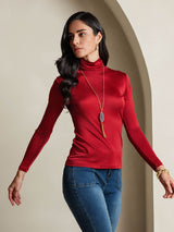 [Wine] SilkSilky-AU Silk Jersey Long Sleeve Turtle Neck Women's T-Shirt 005